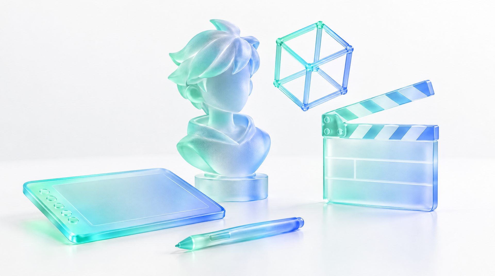 Frosted-glass character bust, pen tablet, clapperboard and a wireframe cube on a white studio table