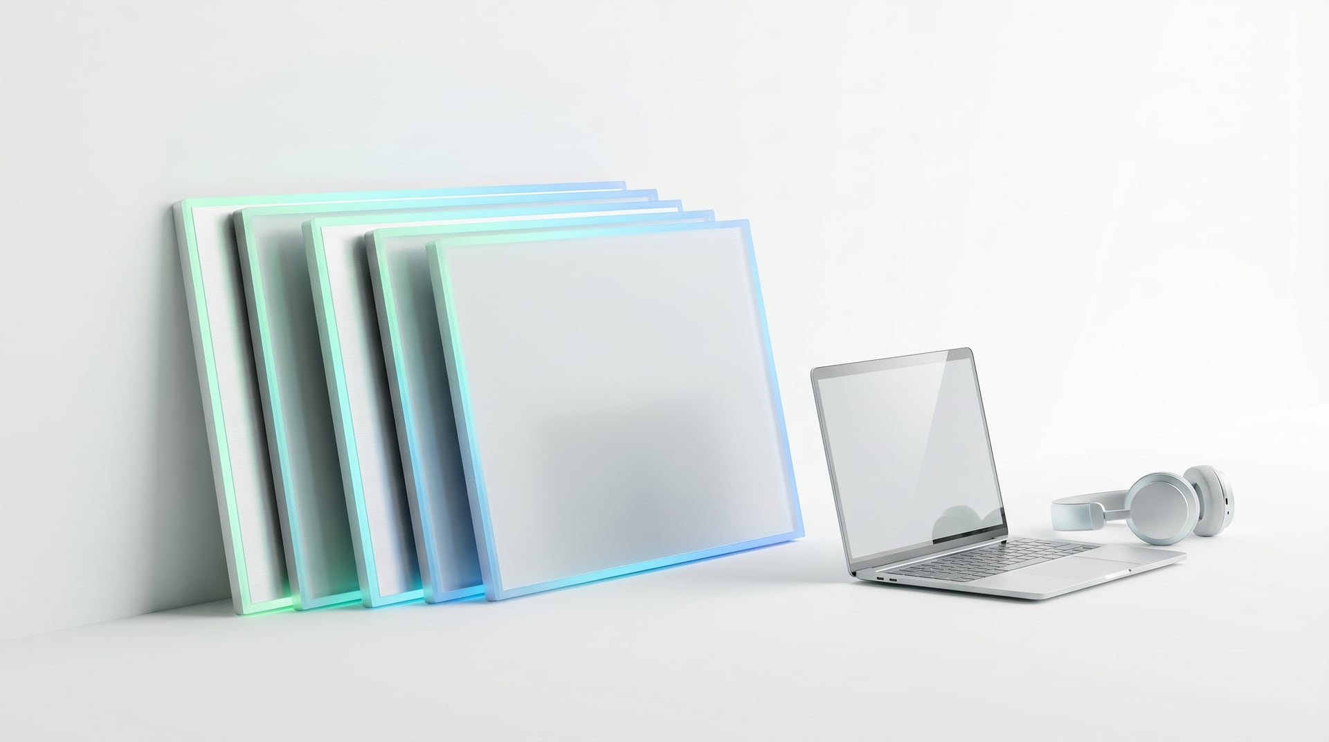 Row of slim LED video-wall panels with a laptop and wireless headphones in glass and aluminum