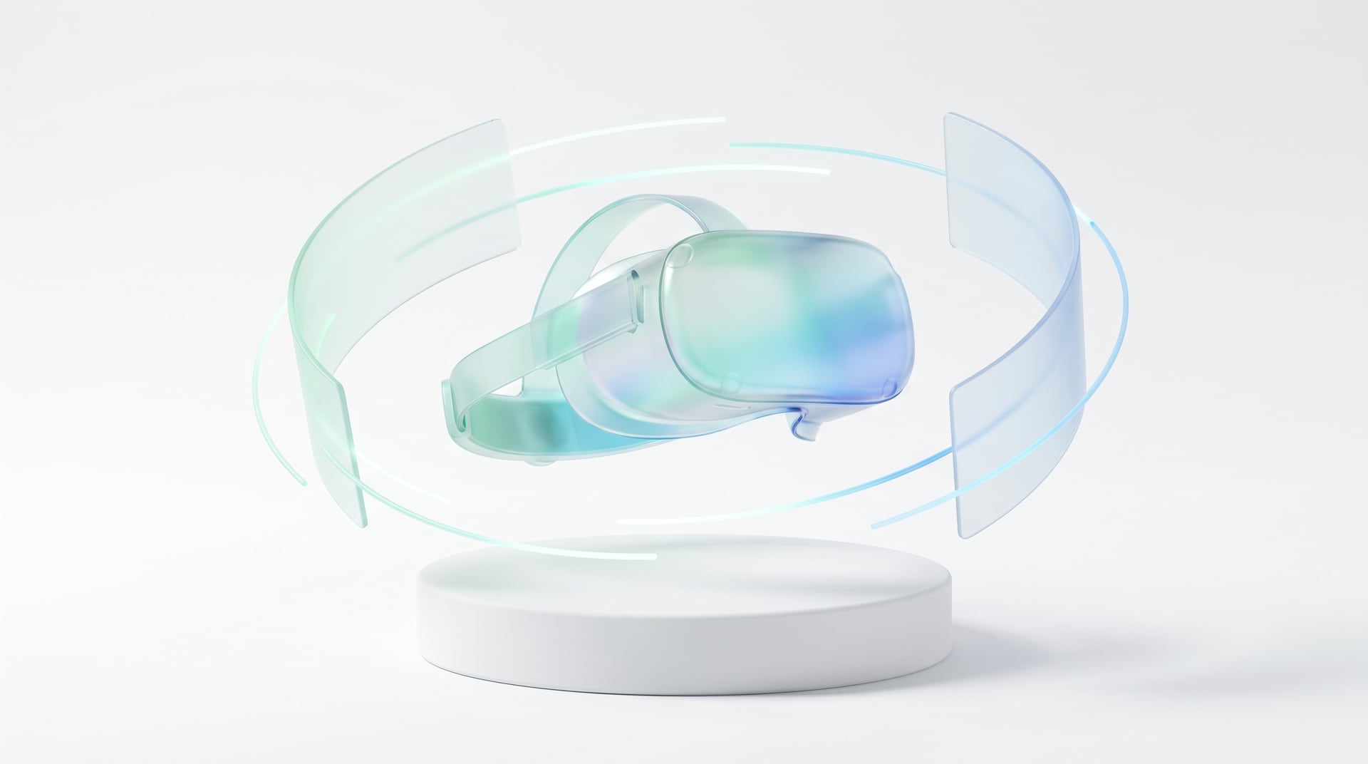 Translucent VR headset floating above a pedestal surrounded by an arc of glass panels
