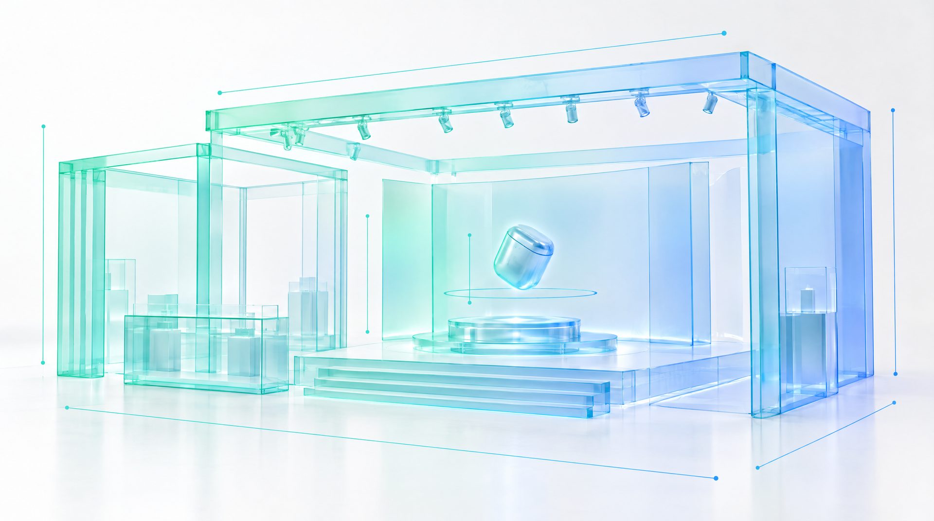 Translucent glass wireframe of an exhibition stall and stage with floating measurement lines