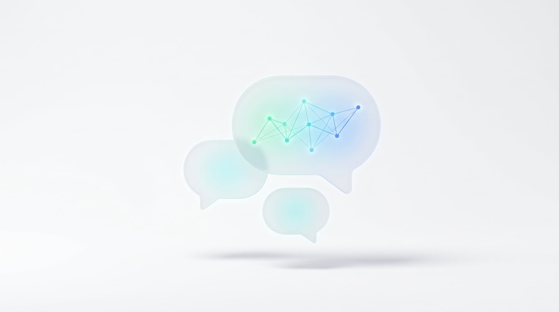 Frosted-glass chat bubbles with a neural-network sparkline