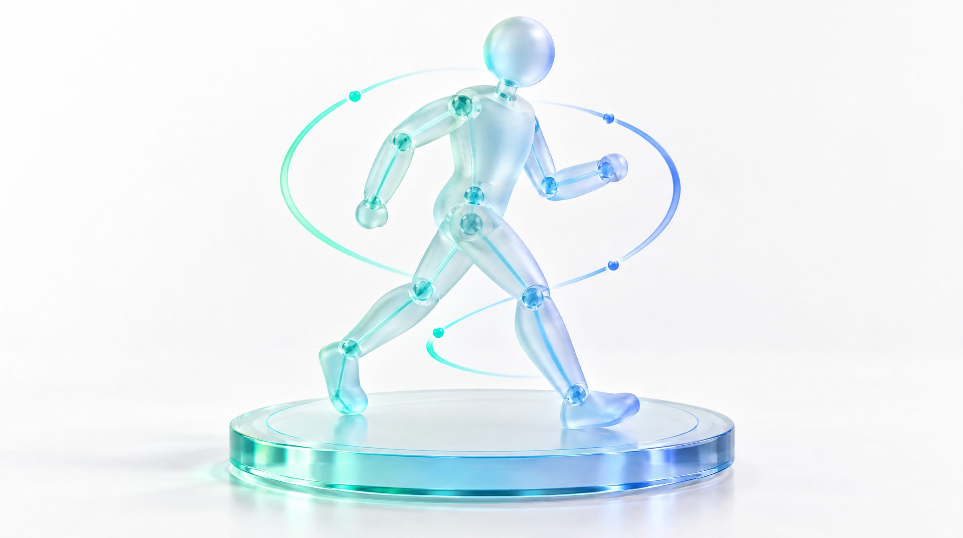 Frosted-glass stylised character figure on a turntable with glowing motion arcs