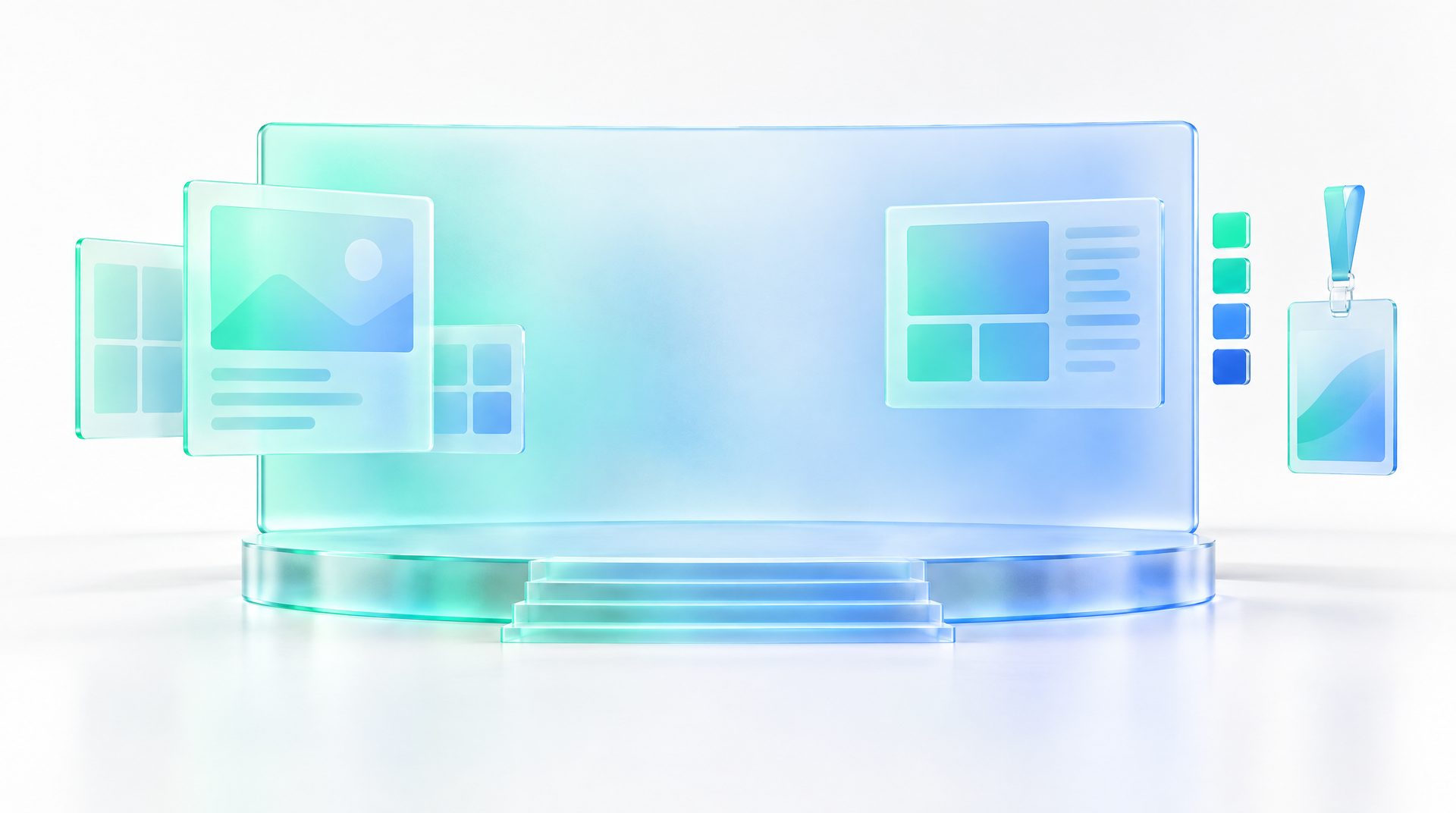 Frosted-glass LED-wall stage mock-up with floating layout grids and colour swatch chips
