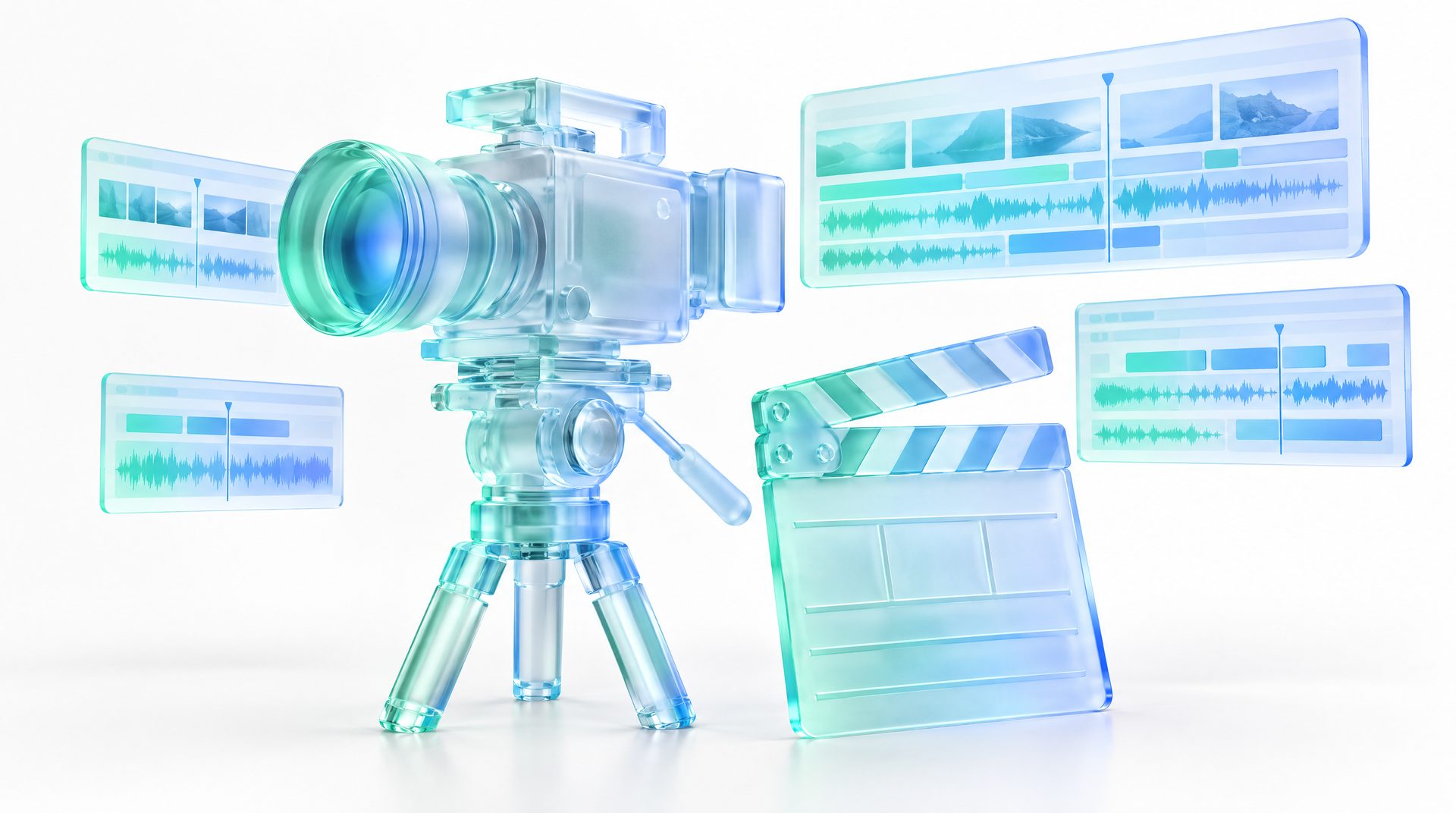 Frosted-glass cinema camera beside a clapperboard and floating editing-timeline panels