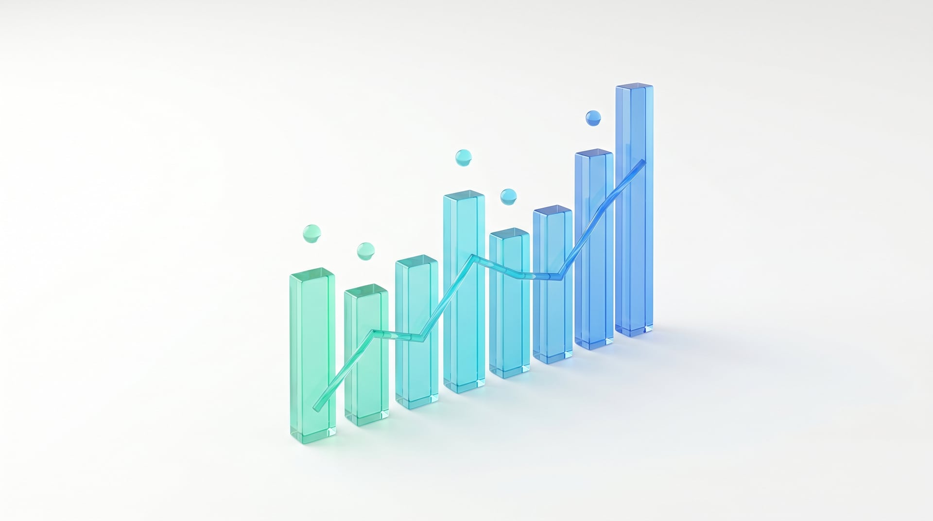 Tinted glass bar and line charts rising from a white surface