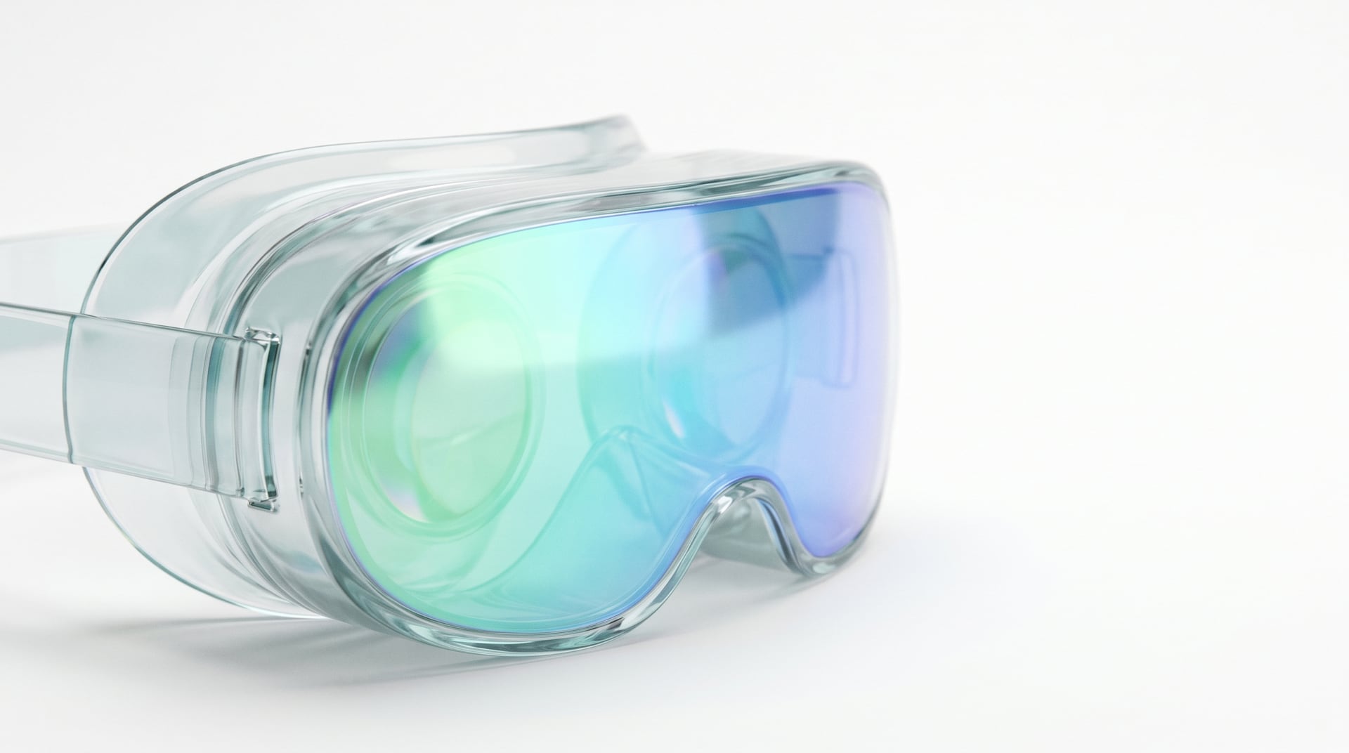 Macro view of a translucent VR headset with iridescent lens reflections