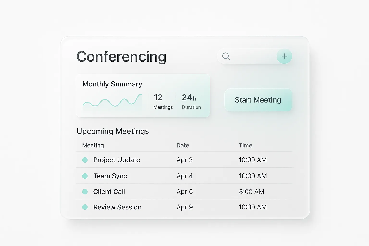 Professional video conferencing setup with frosted glass interface and mint gradient accents
