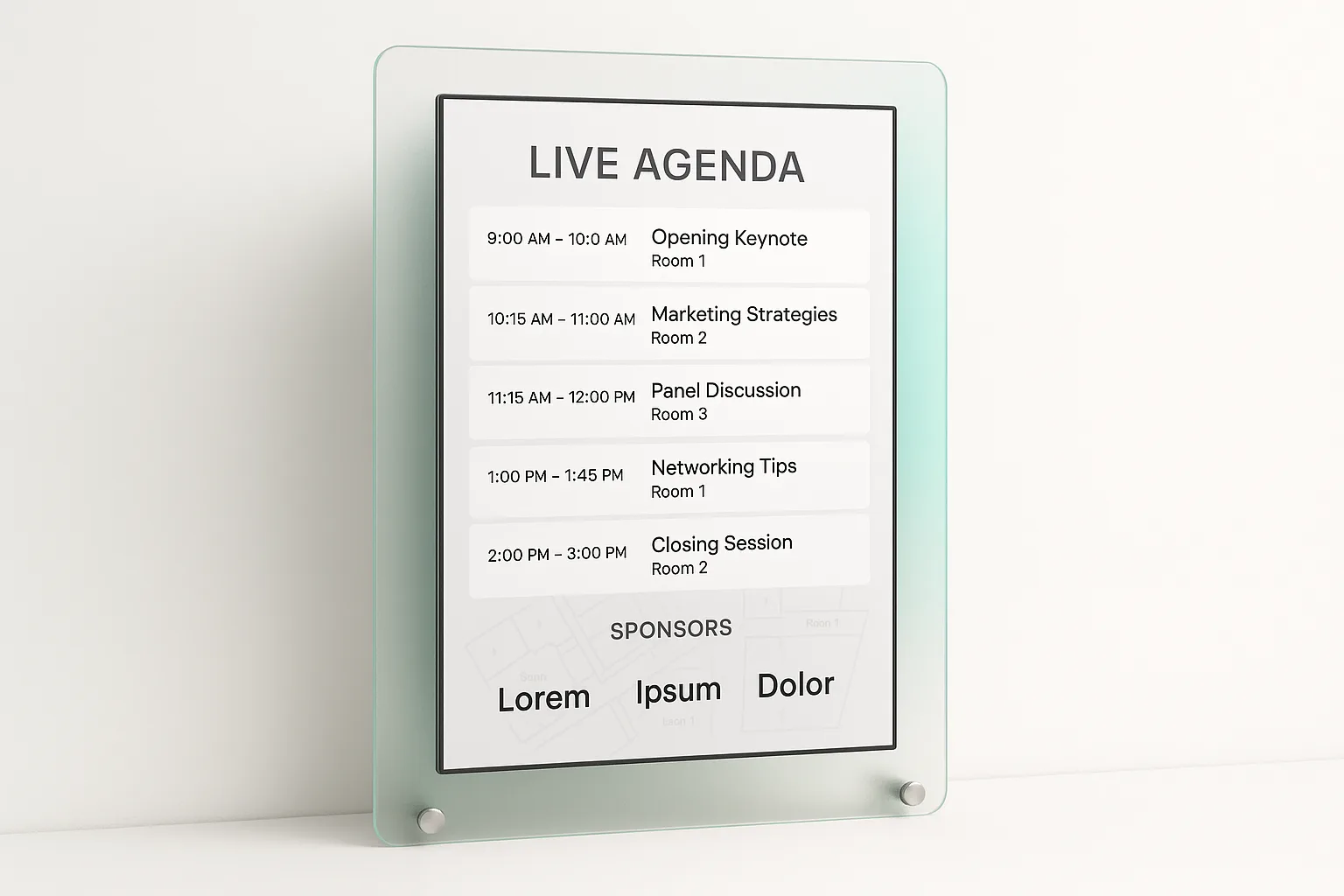 Digital signage display showing live agenda updates with wayfinding overlay and sponsor content loop