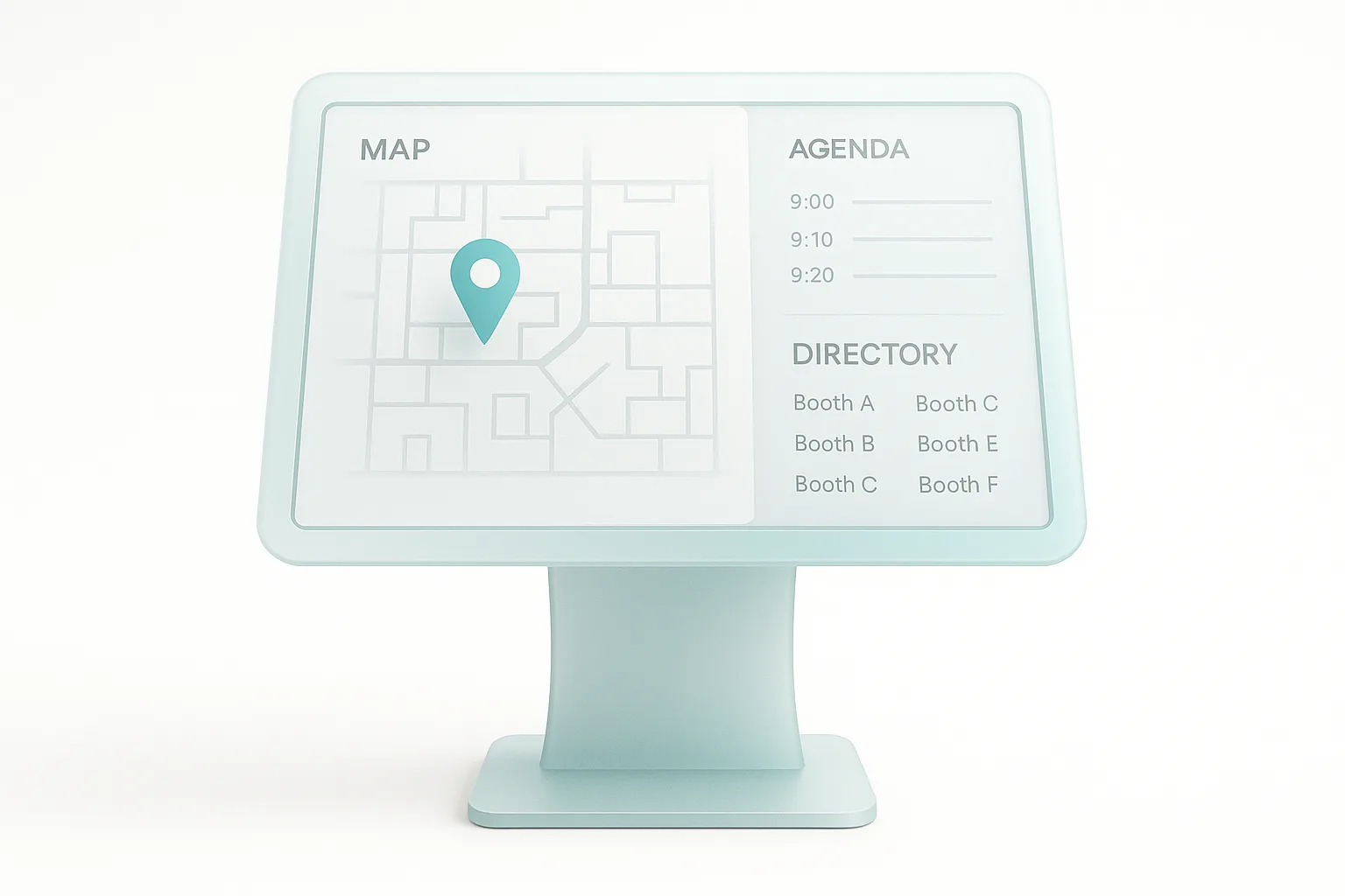 Clean premium digital kiosk interface showing wayfinding and agenda displays