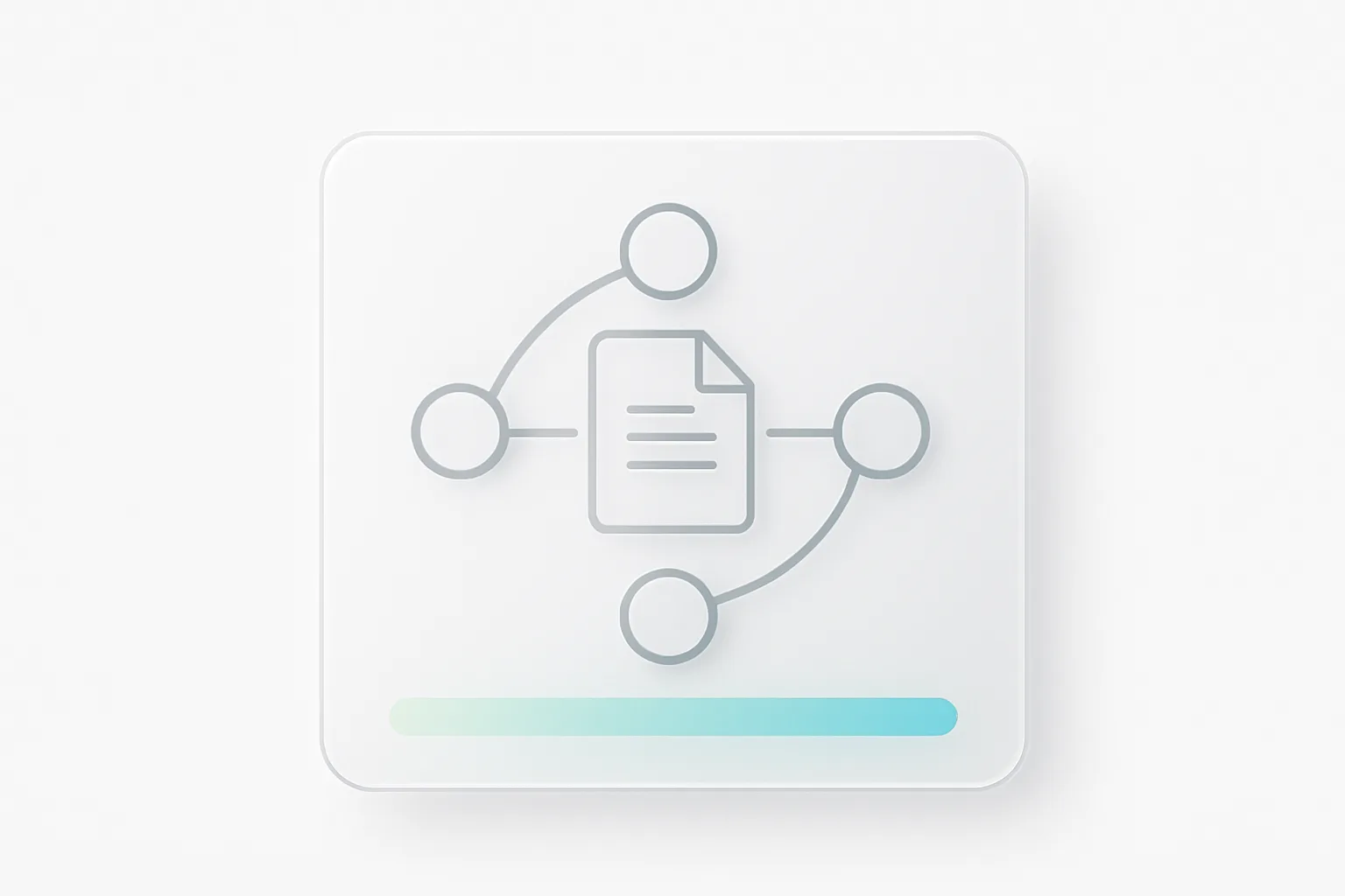 Clean white background with frosted glass panel displaying interconnected nodes and documents, soft mint and cyan gradient accents, minimal tech aesthetic