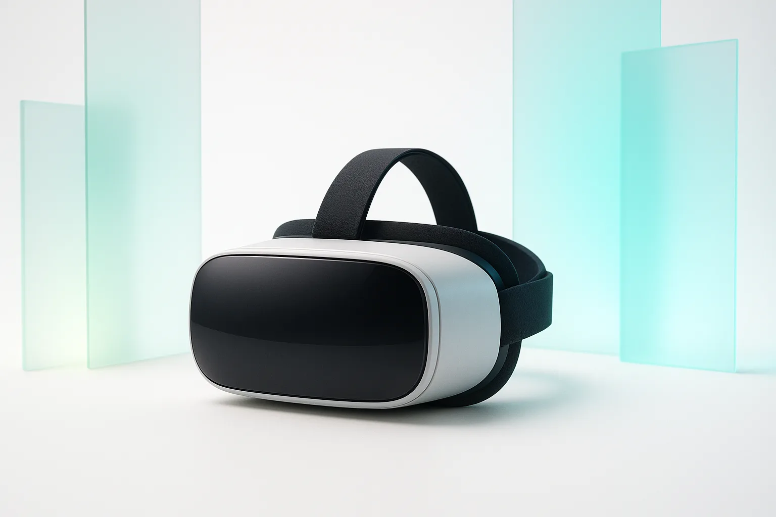 Premium VR headset in minimalist tech environment with soft mint gradient lighting