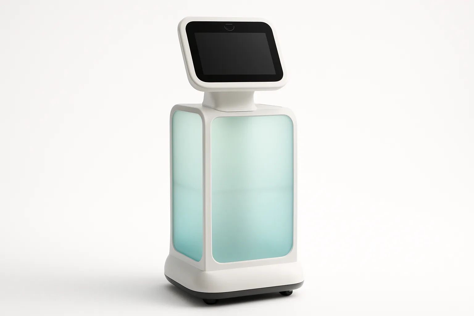 Sleek robotic device on white background with frosted glass and soft mint gradient accent lighting