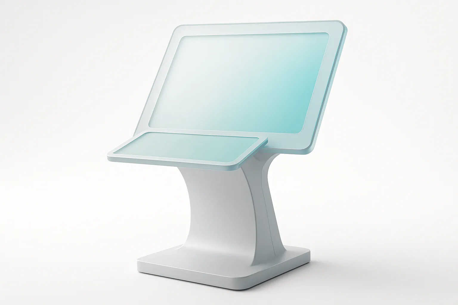 Modern interactive kiosk with frosted glass design and soft cyan gradient lighting on white background
