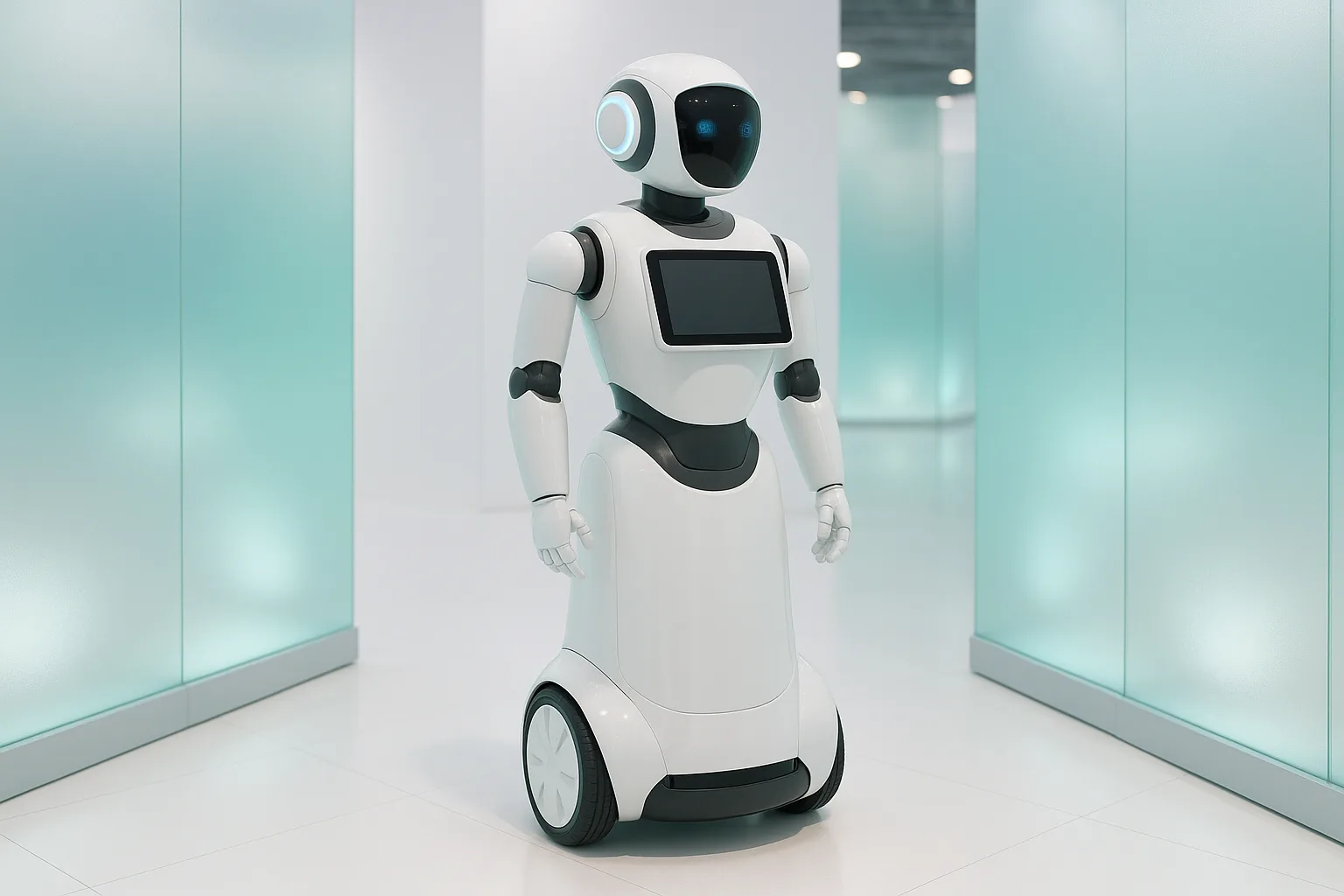 Sophisticated robotic unit in exhibition setting with frosted glass aesthetic and azure gradient accents