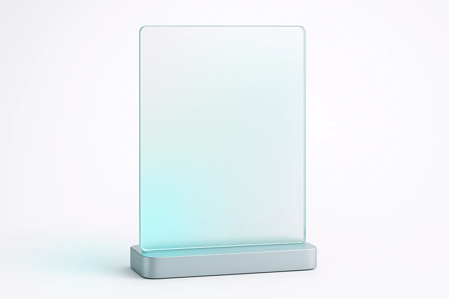 Holographic display installation with frosted glass aesthetic and mint gradient accents