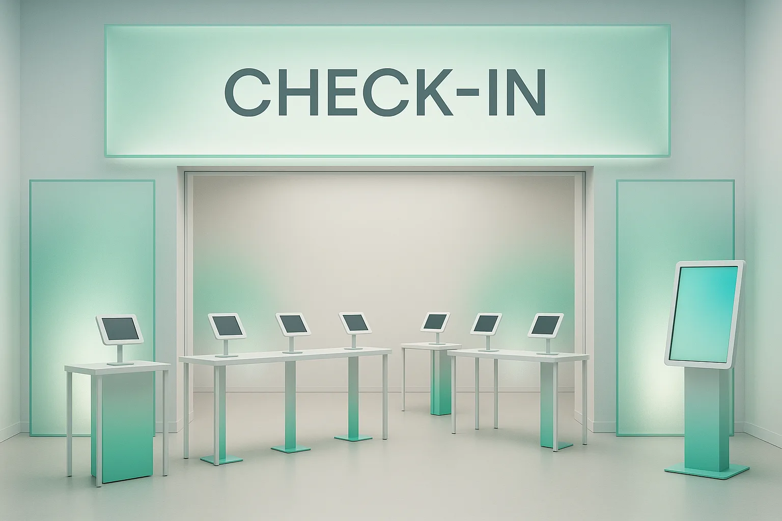 Event venue with multiple check-in lanes and kiosk stations