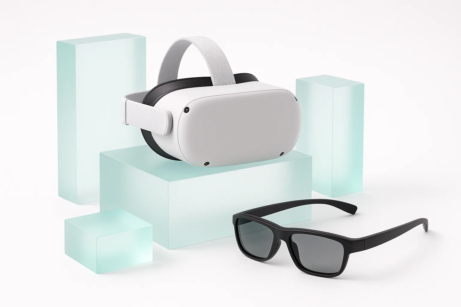 Premium VR and AR devices arranged with soft lighting and gradient accents