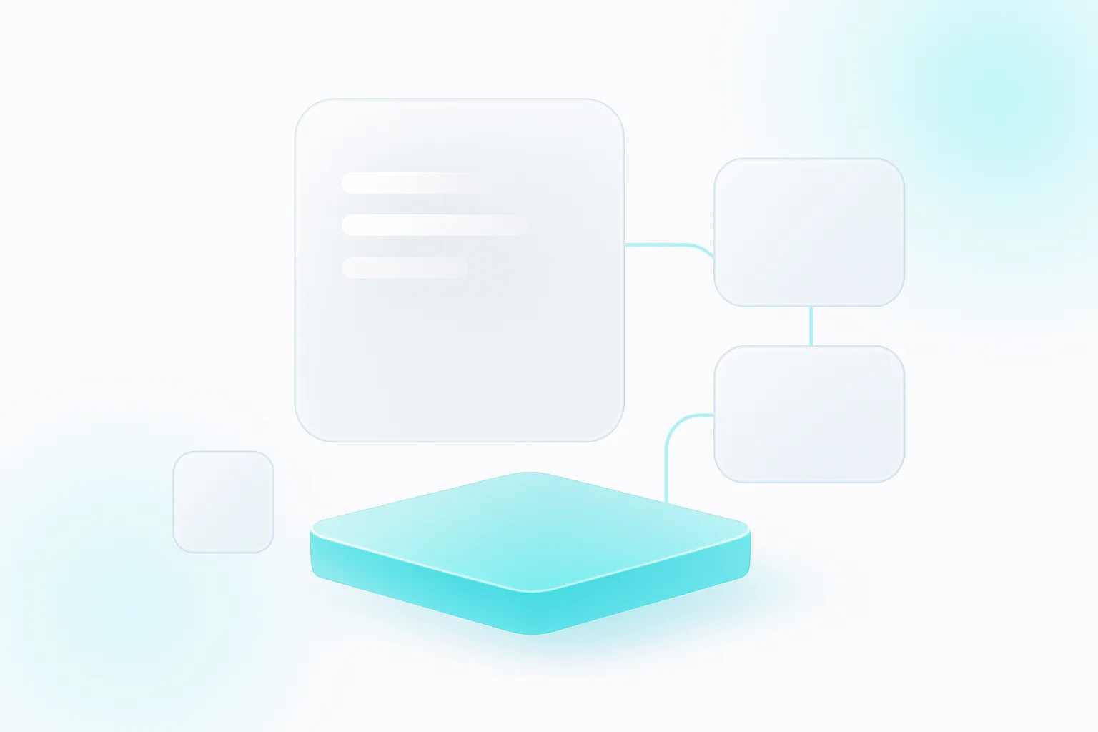 Clean white background with frosted glass surface, soft azure-to-cyan gradient, minimal premium design, abstract connected nodes or data flow concept