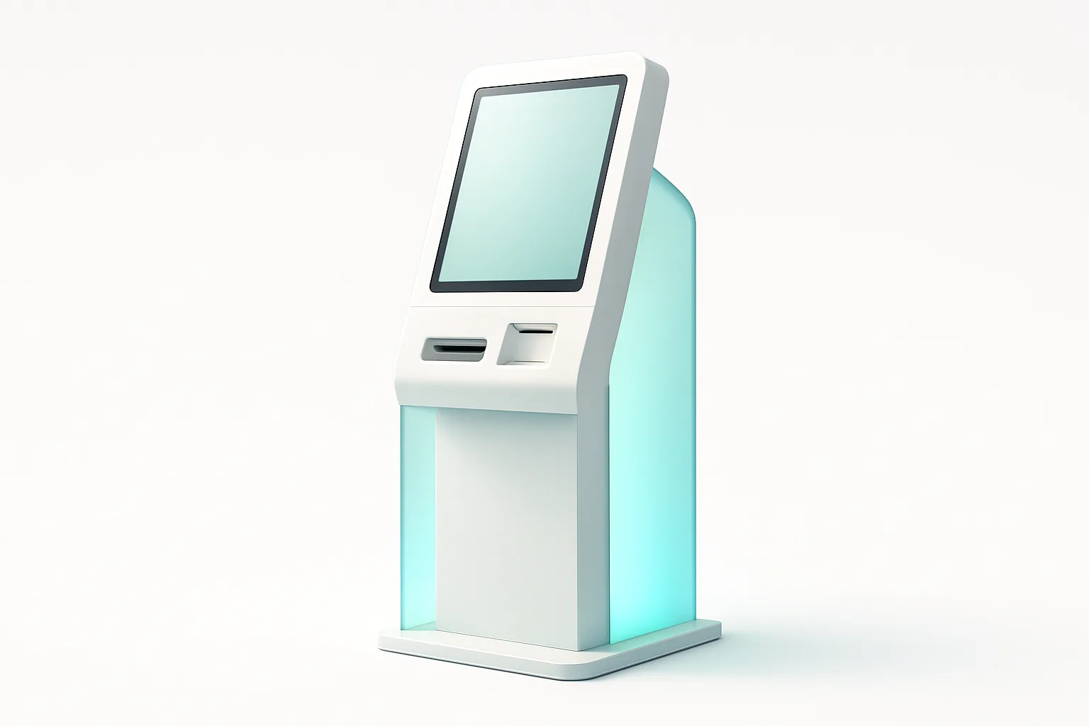 AI installation with frosted glass interface and soft mint gradient ambient lighting